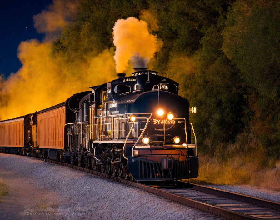 Vintage Black Steam Locomotive 614 Pulls Freight Train at Twilight