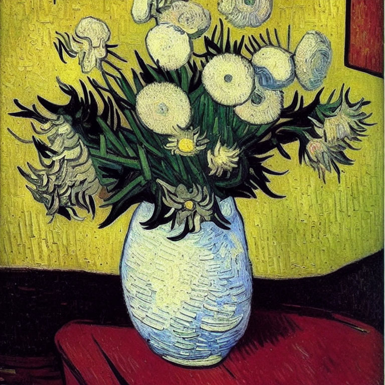 Vivid yellow background with strong brushstrokes and white flowers in a vase