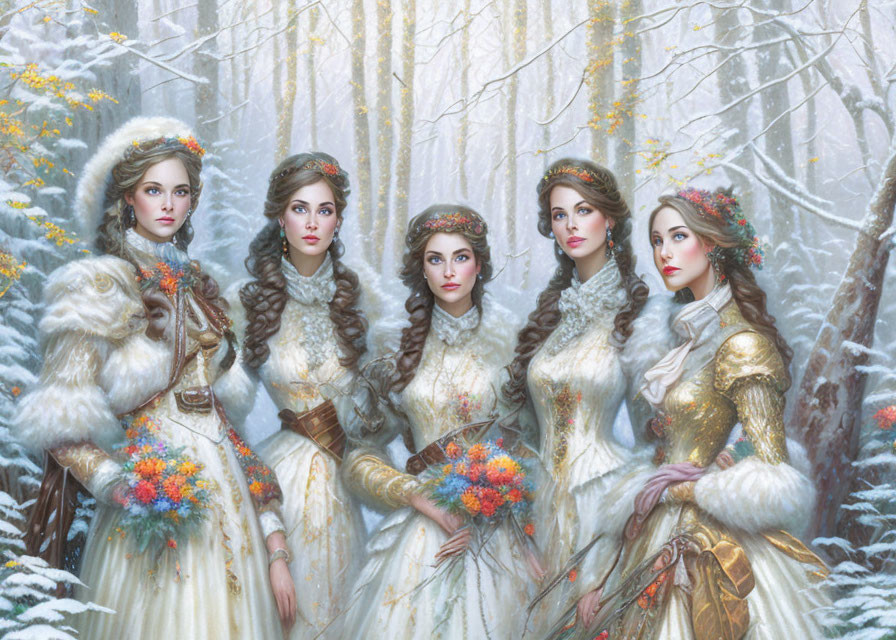 Four women in historical winter attire with braided hair and floral accessories in snowy forest