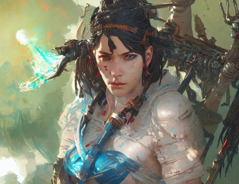 Detailed Illustration: Female Warrior with Blue Eyes, Face Paint, Futuristic Armor, and Glowing