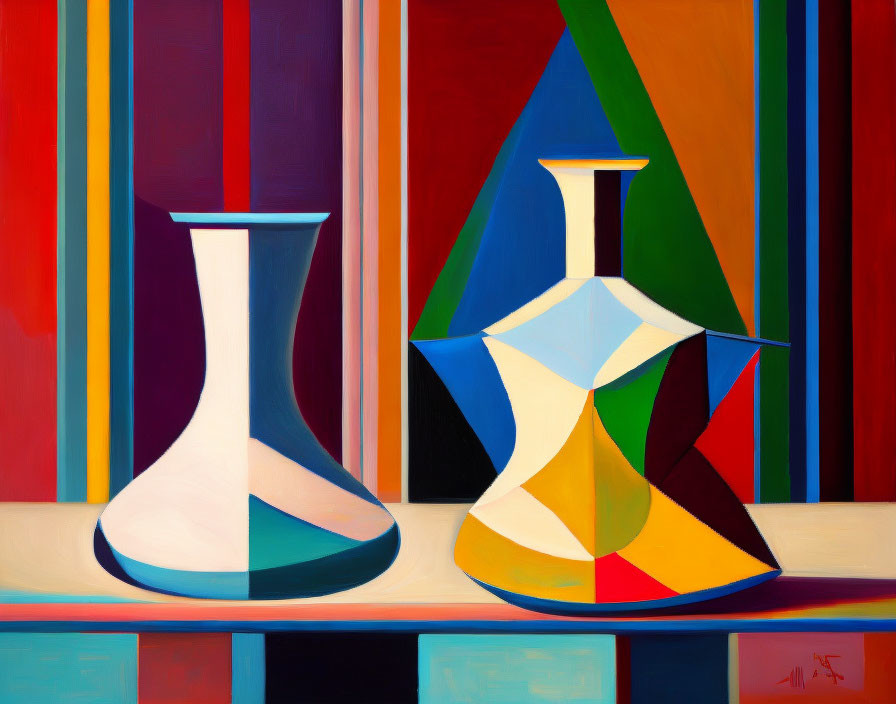 Stylized vases on colorful striped background: white and blue, geometric multicolored pattern