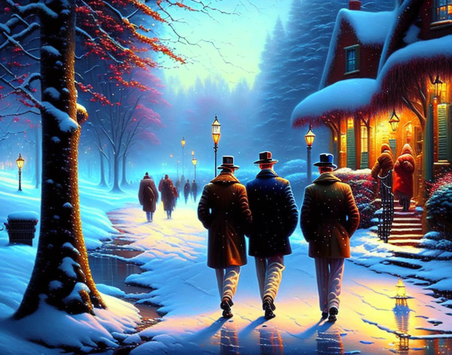 Victorian-era individuals walking in snow-lined street with street lamps and cozy houses