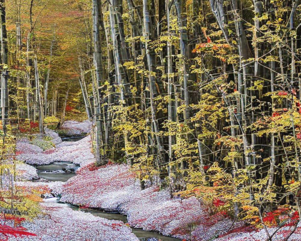 Colorful Autumn Forest by Winding Stream and Fallen Leaves