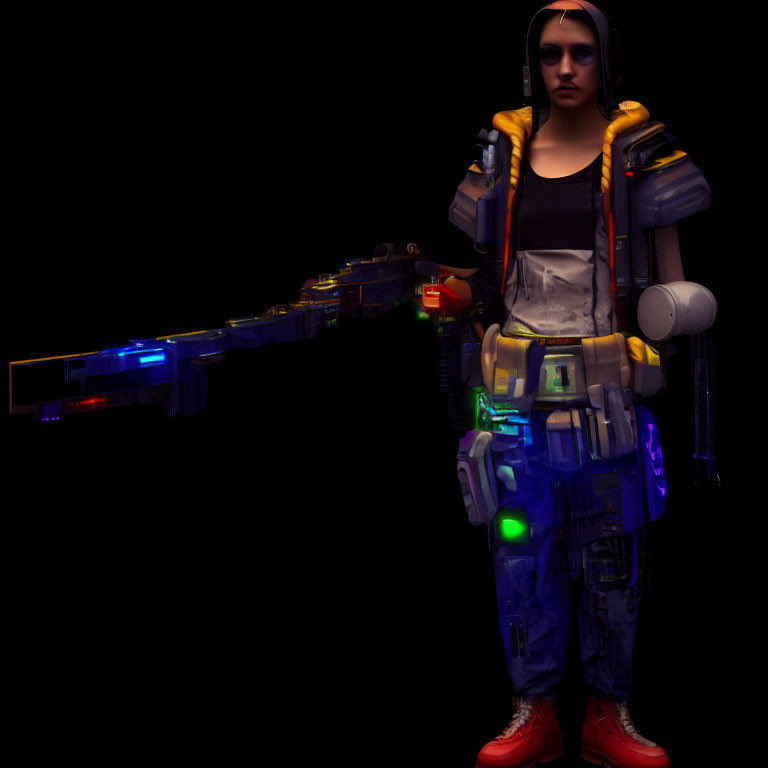 Digital Artwork: Person in Futuristic Gear with Neon-Lit Sniper Rifle