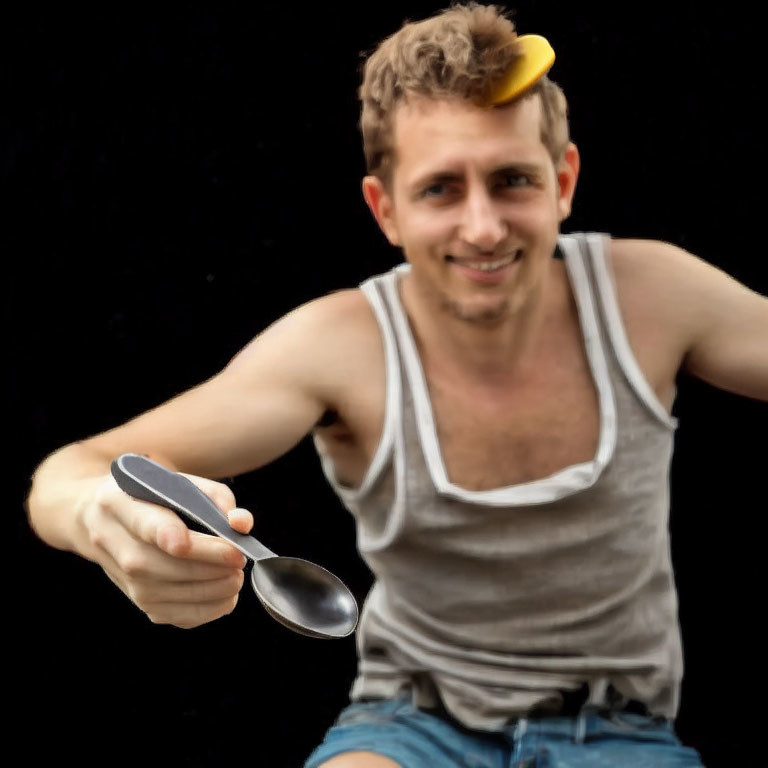 Person in white tank top balancing banana on head with spoon on black background