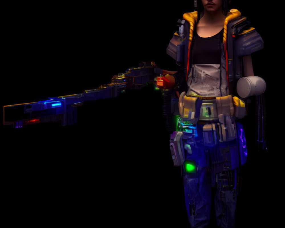 Digital Artwork: Person in Futuristic Gear with Neon-Lit Sniper Rifle