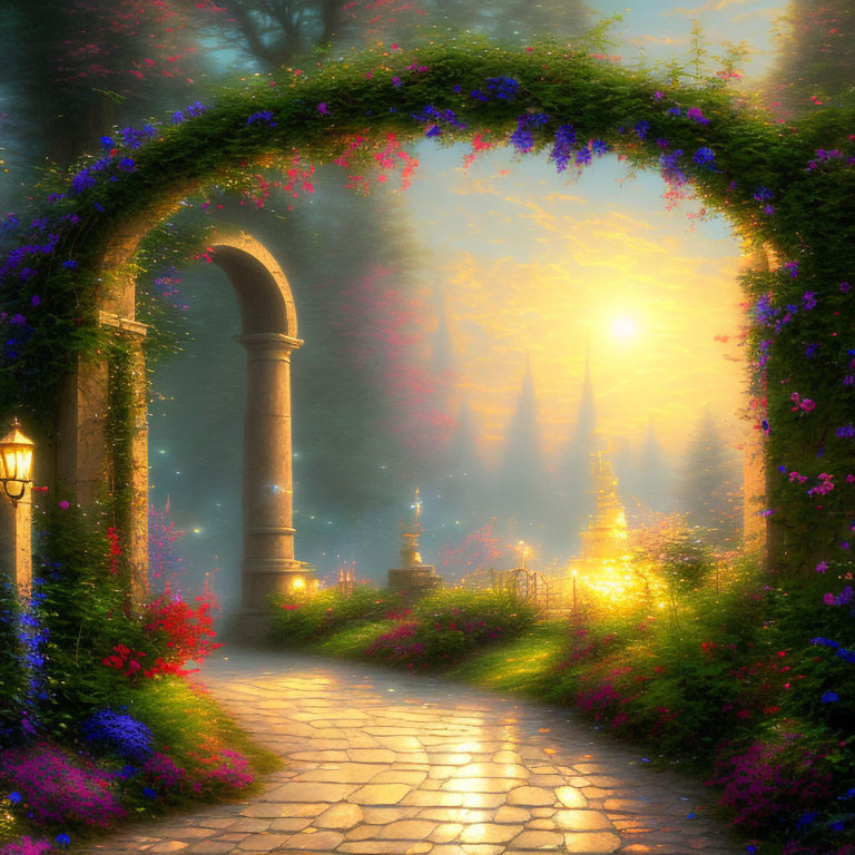 Sunlit cobblestone pathway to mystical garden with lanterns and spire-like plants