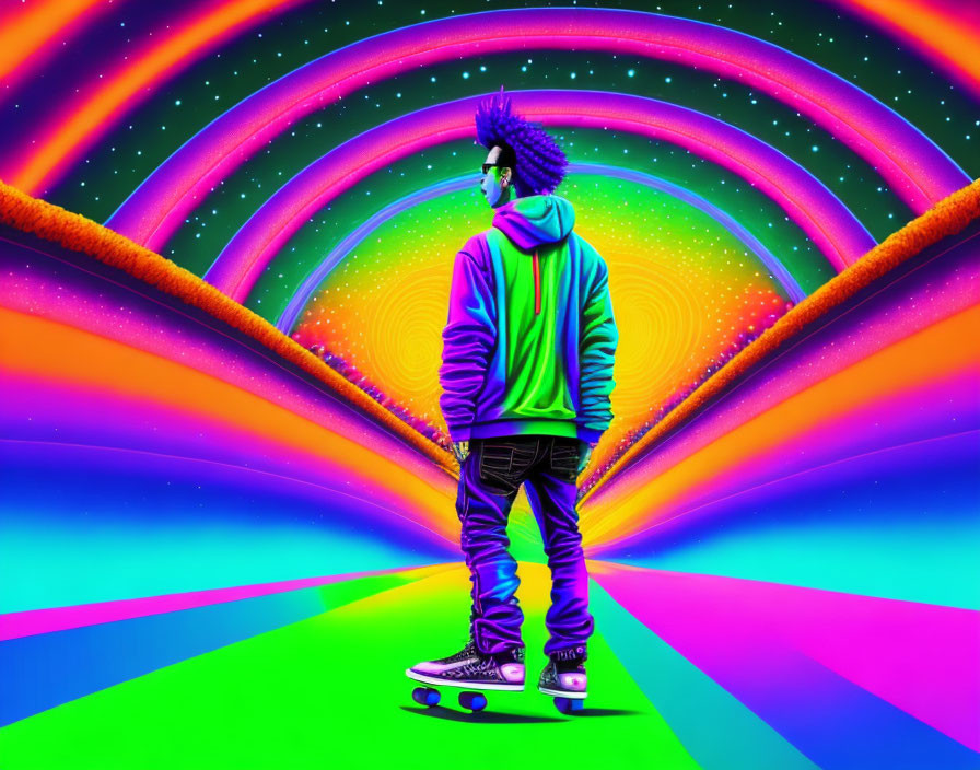 Person with Afro Hairstyle Skateboarding on Neon Gradient Background