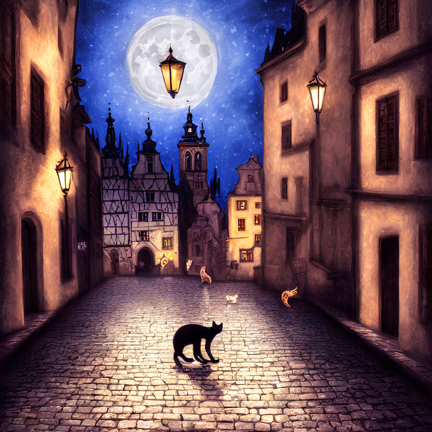 Cat walking on cobblestone street in old town under full moon