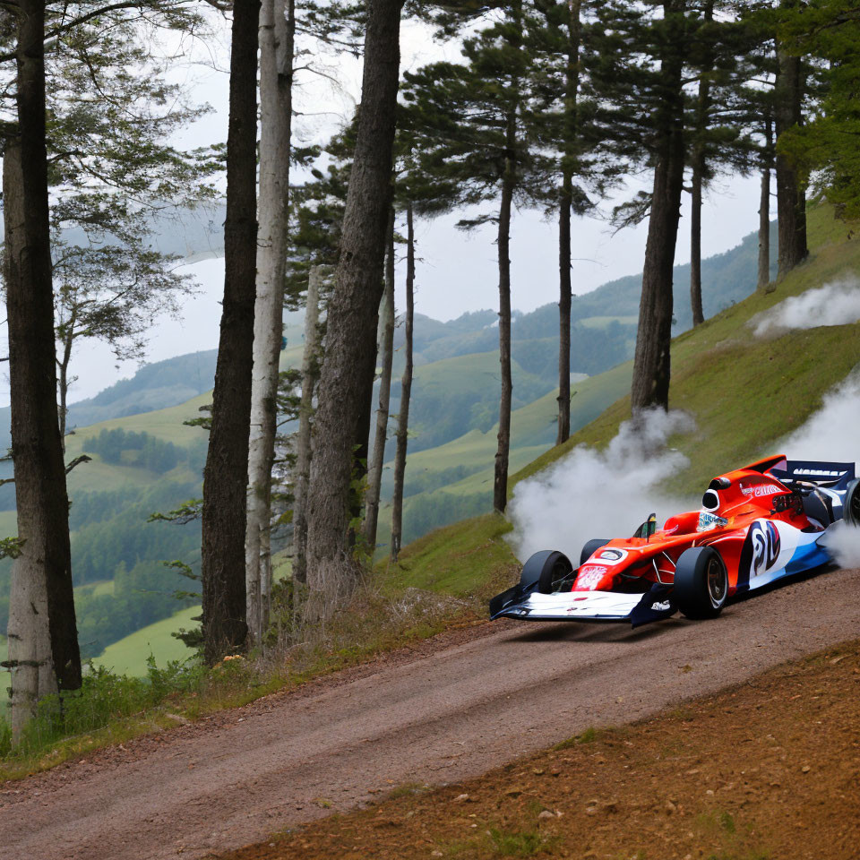 Racing car number 33 drifting on gravel road in pine forest