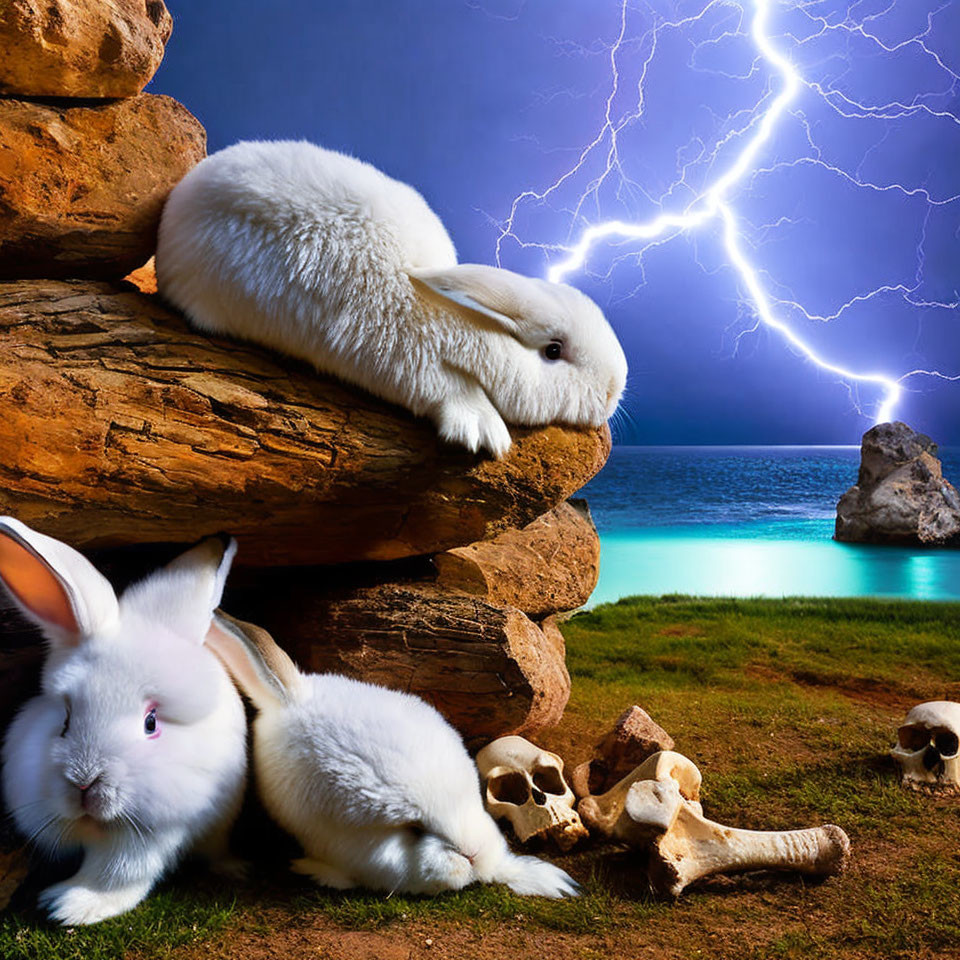 White rabbits on rocky terrain amidst human skulls, lightning bolts, and turquoise sea.