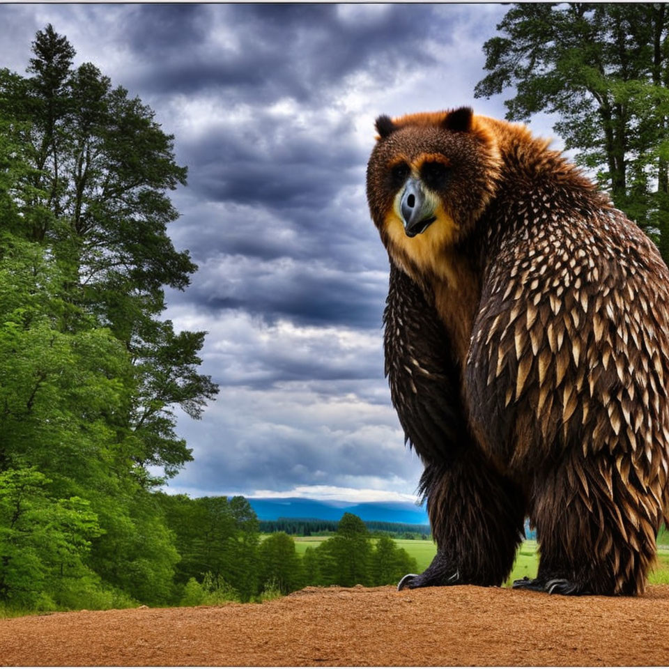 Fantastical bear-like creature with brown feathers on hill against dramatic sky