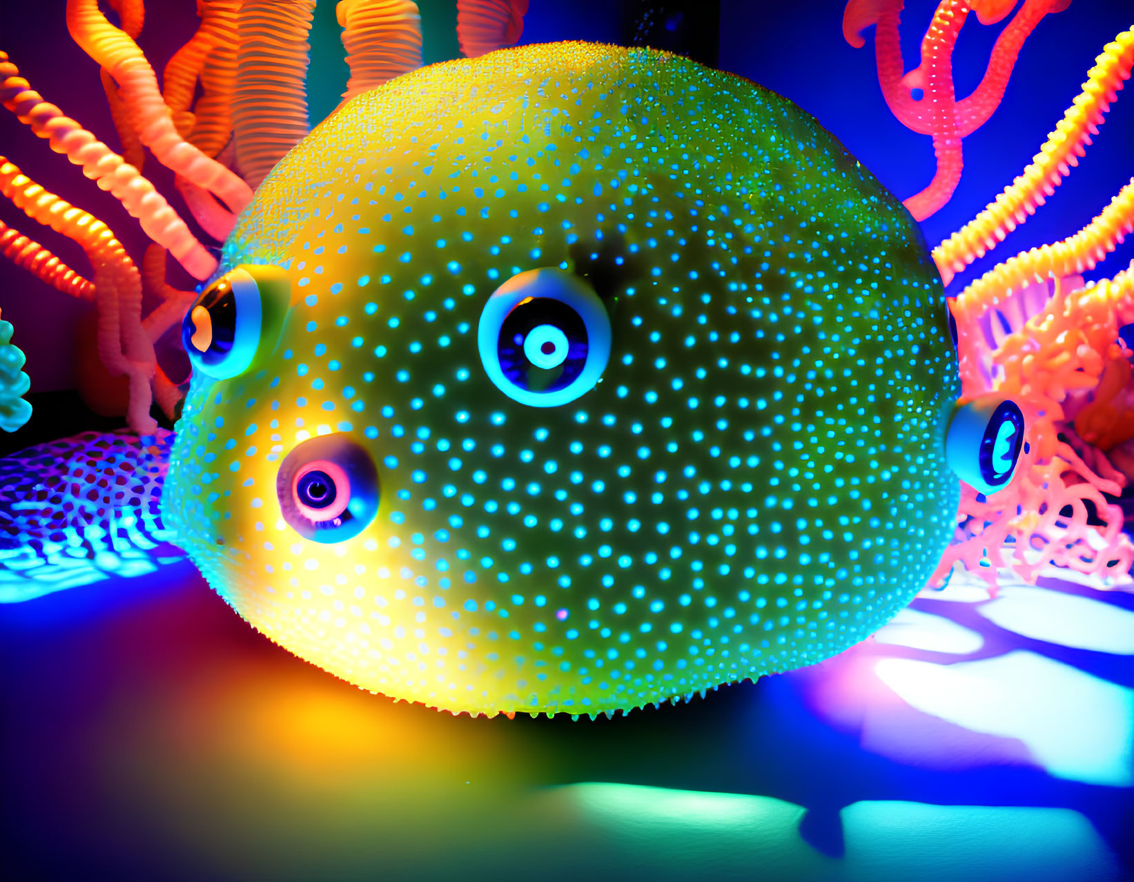 Vibrant spherical sea creature among colorful coral structures