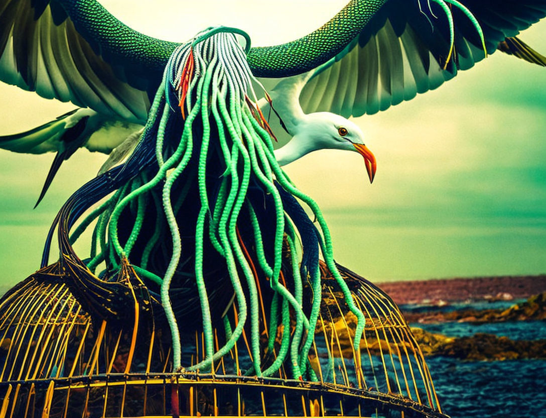 Surreal seagull with tentacle headdress near the sea