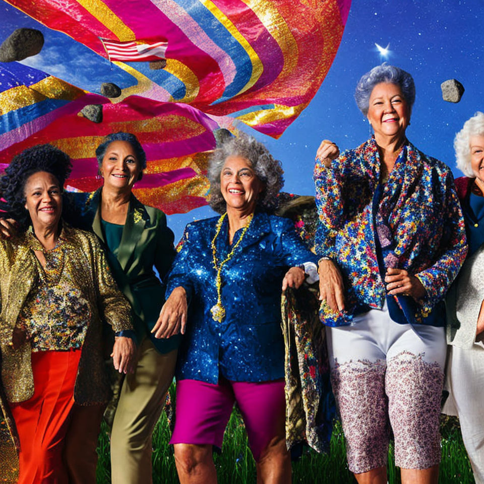 Five Senior Women Posed in Stylish Clothes with Psychedelic Background