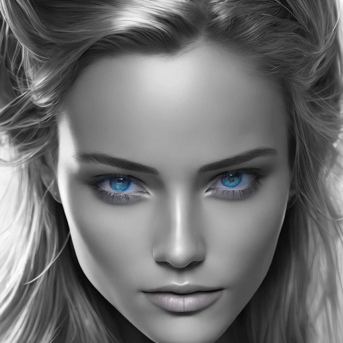 Monochrome portrait of woman with blue eyes and tousled hair