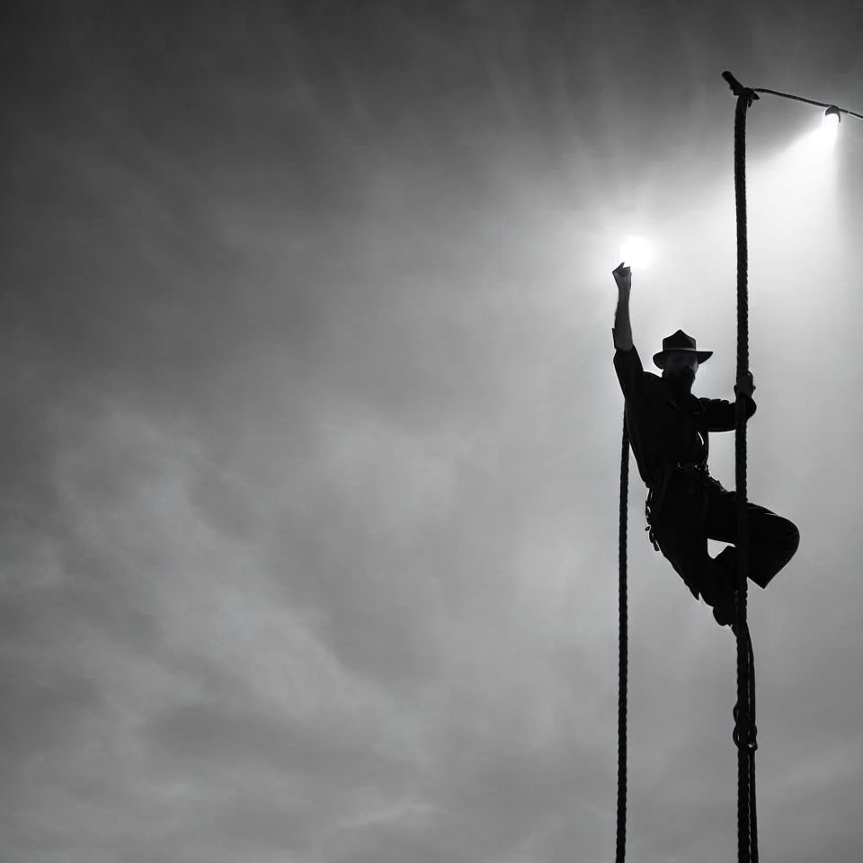 Silhouette of person climbing ladder under sun halo