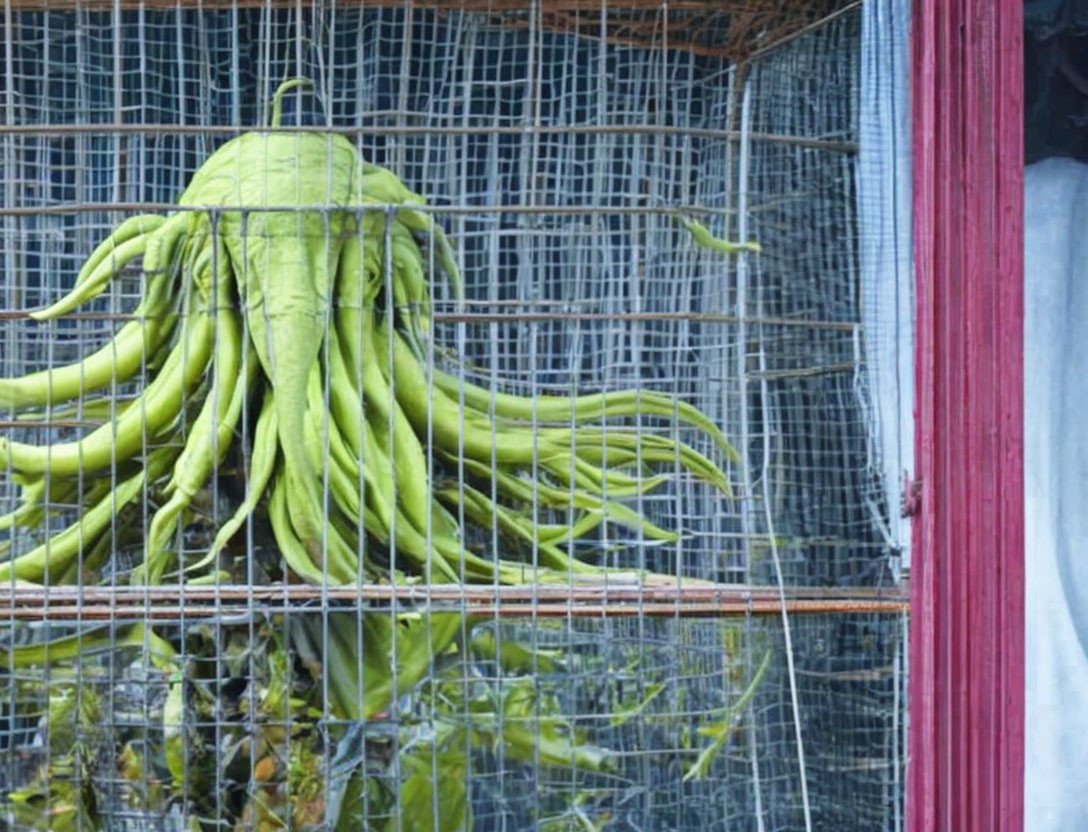 Green beans hanging from wire mesh like octopus tentacles