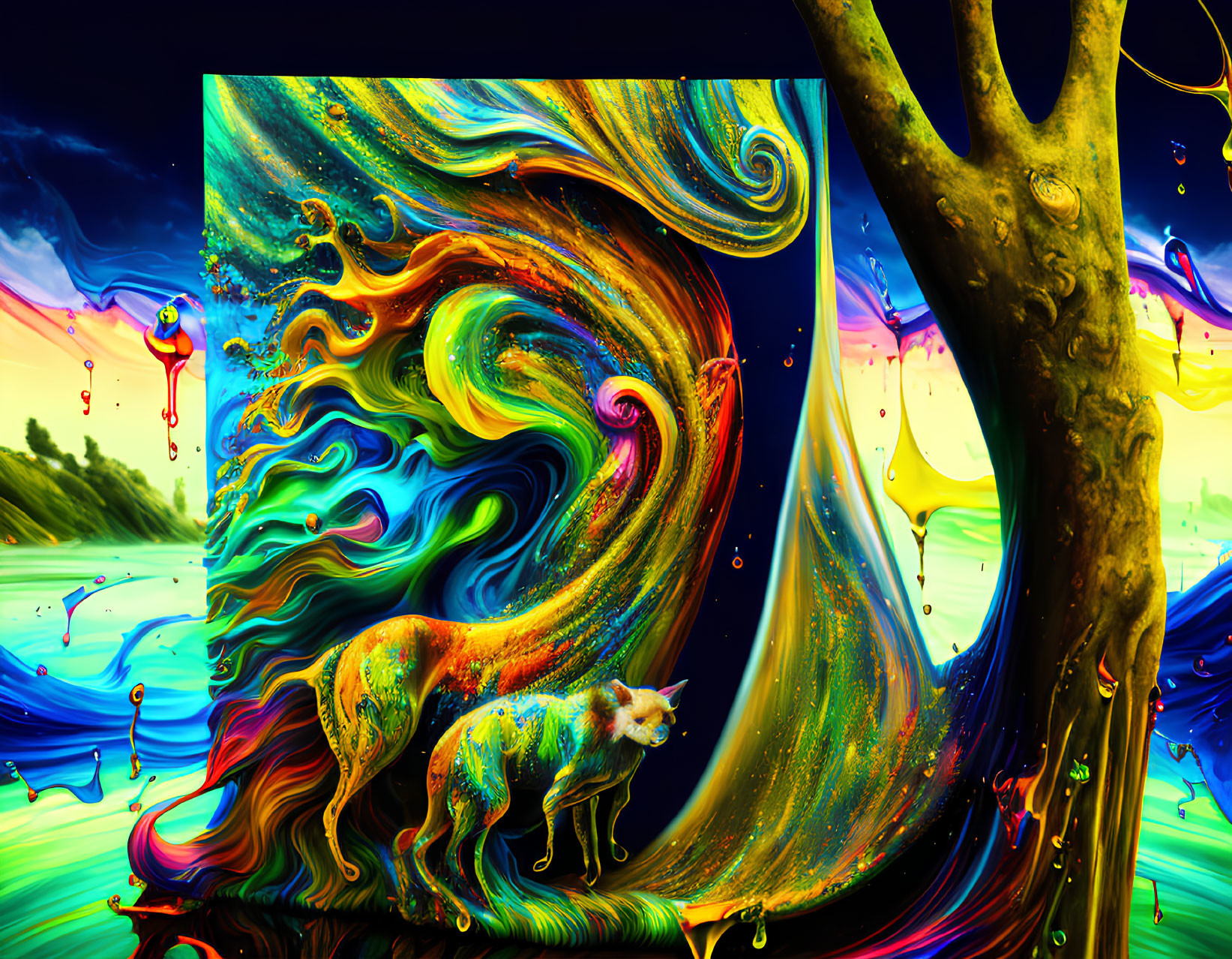 Colorful Abstract Art: Swirling Rainbow Pattern with Sheep and Tree