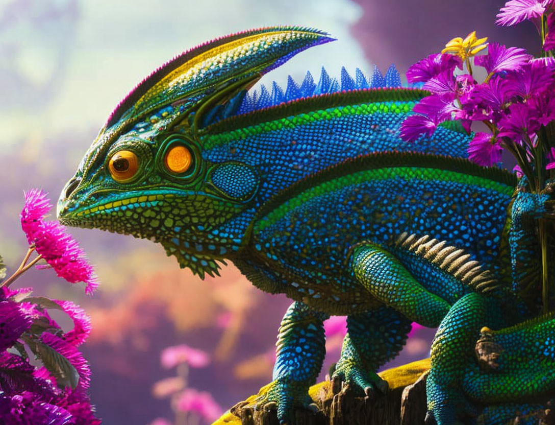 Colorful Chameleon with Blue and Green Scales and Orange Eyes in Purple Flowers