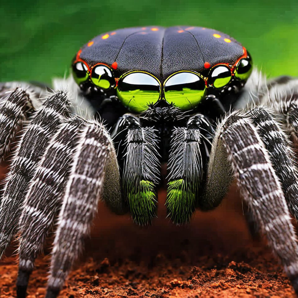 Macro photo of spider with ladybug head: oversized green eyes, red spots