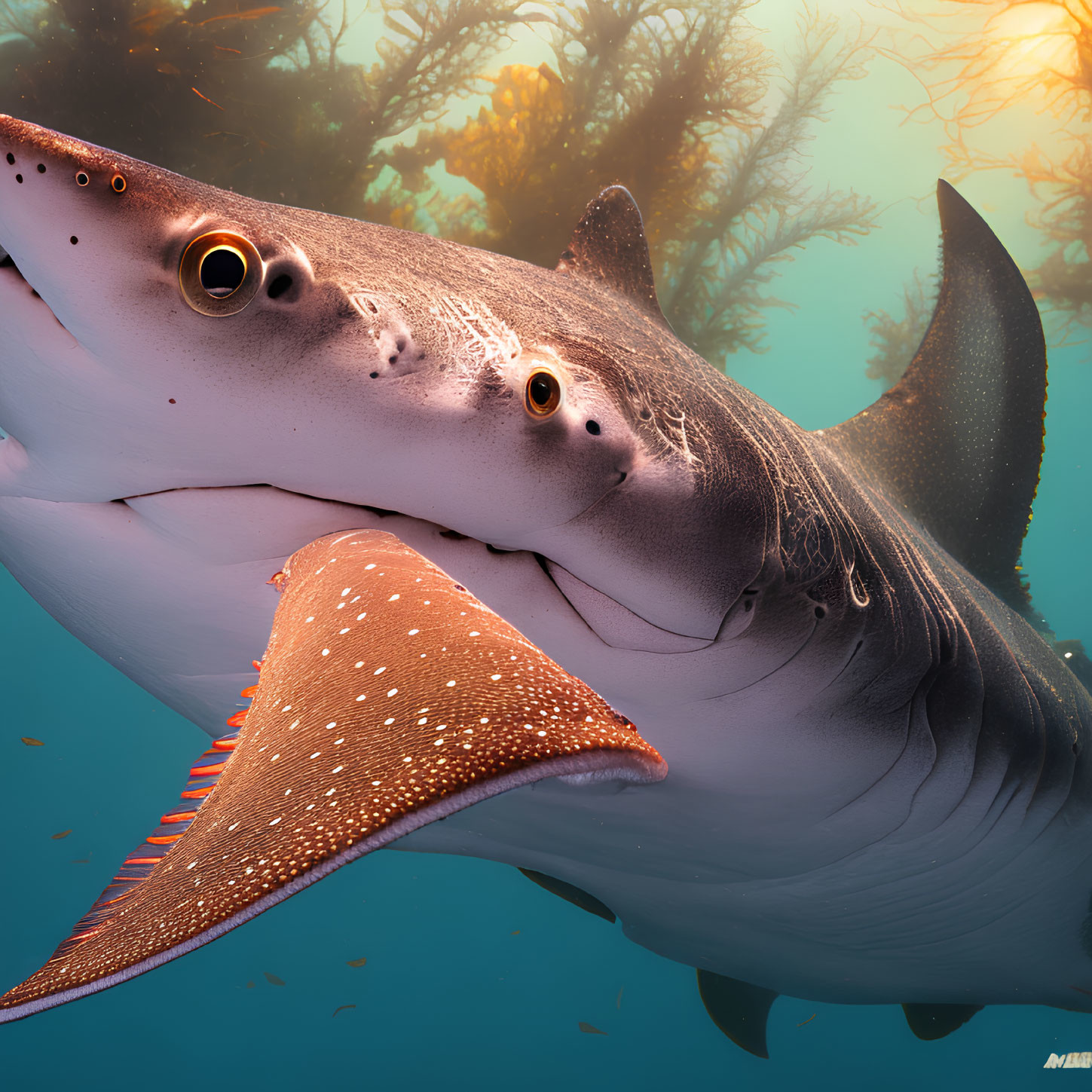 Detailed close-up of shark underwater with sharp teeth and textured skin against coral backdrop.