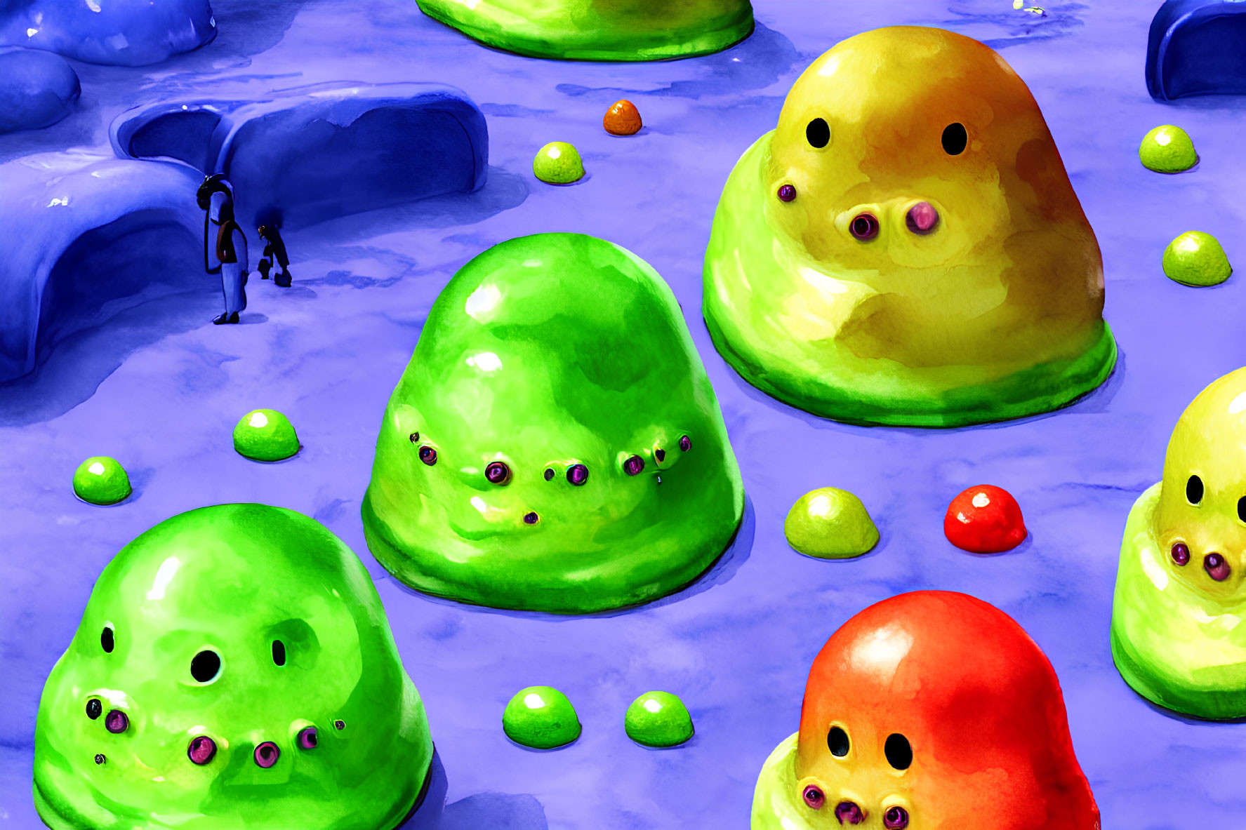 Vibrant Cartoonish Landscape with Jelly-Like Creatures in Blue Setting