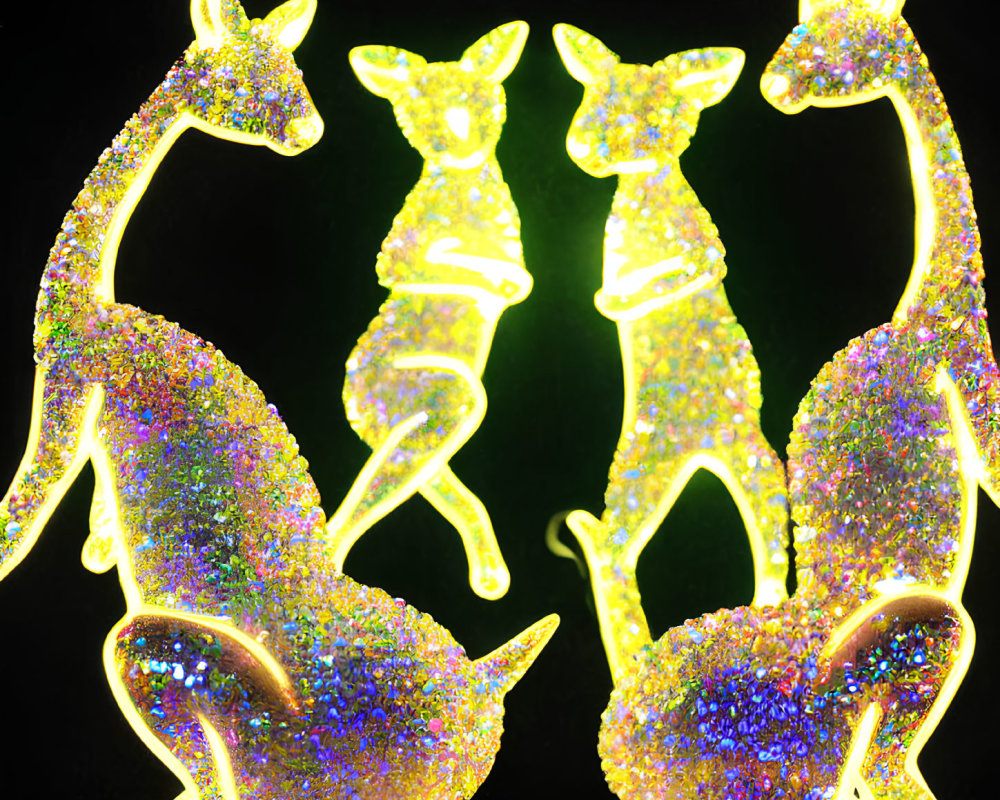 Four illuminated kangaroo figures with sparkling lights on dark background