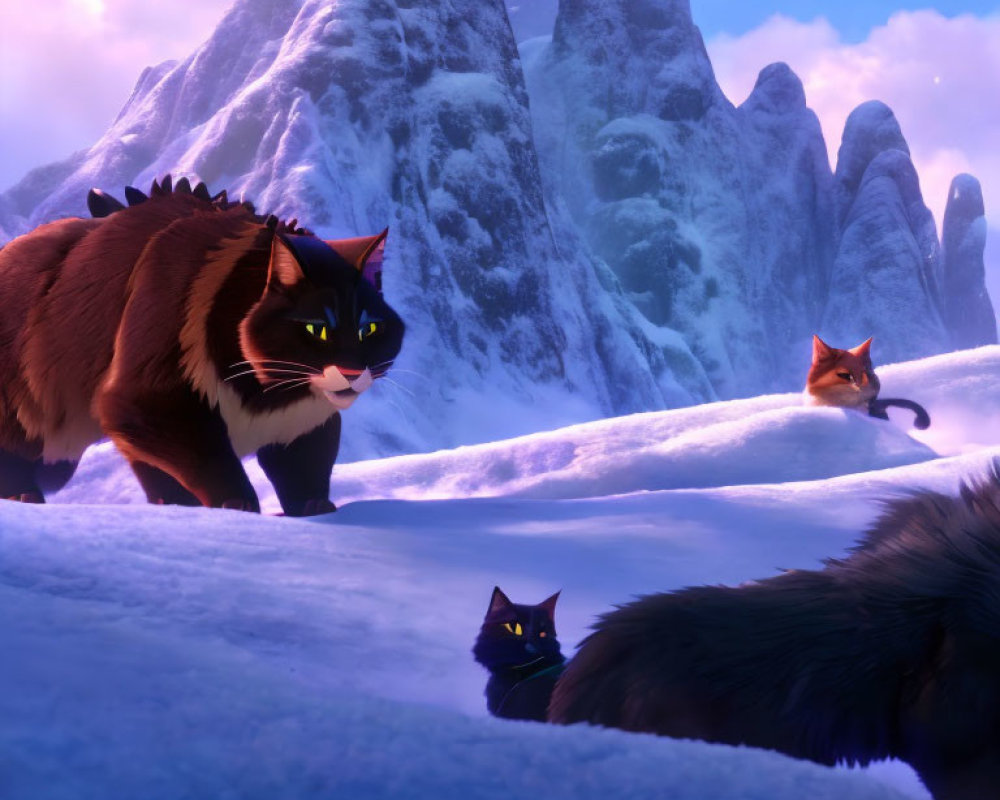 Group of animated cats in snowy mountainous landscape