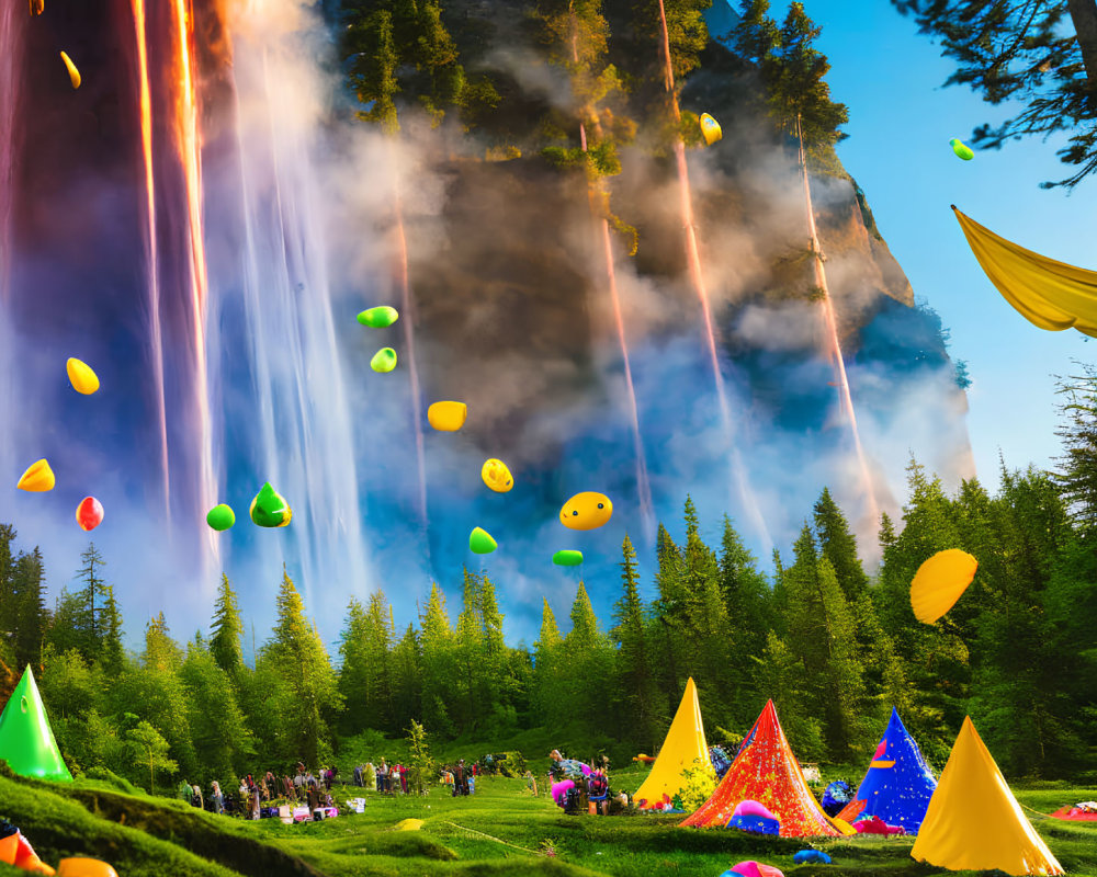 Colorful Bean-Shaped Objects Descending in Forest Gathering