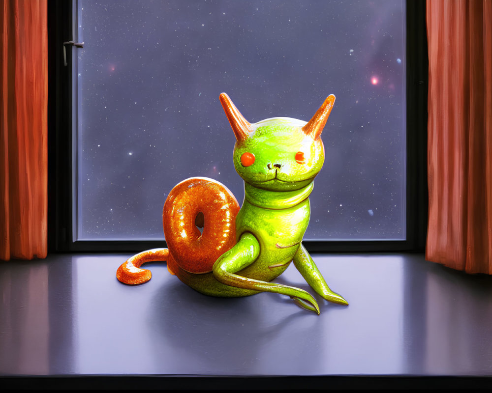 Whimsical creature with cat-like ears and snail shell admires starry night sky