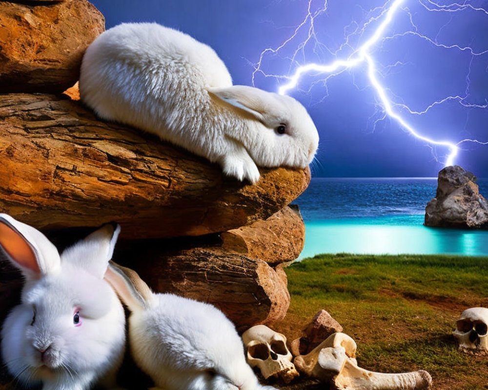 White rabbits on rocky terrain amidst human skulls, lightning bolts, and turquoise sea.