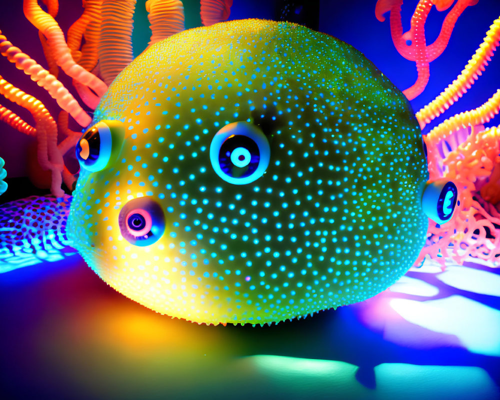 Vibrant spherical sea creature among colorful coral structures