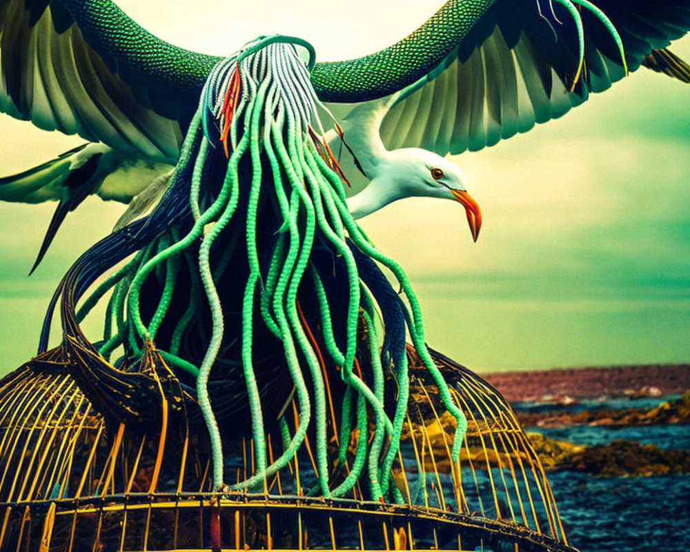 Surreal seagull with tentacle headdress near the sea