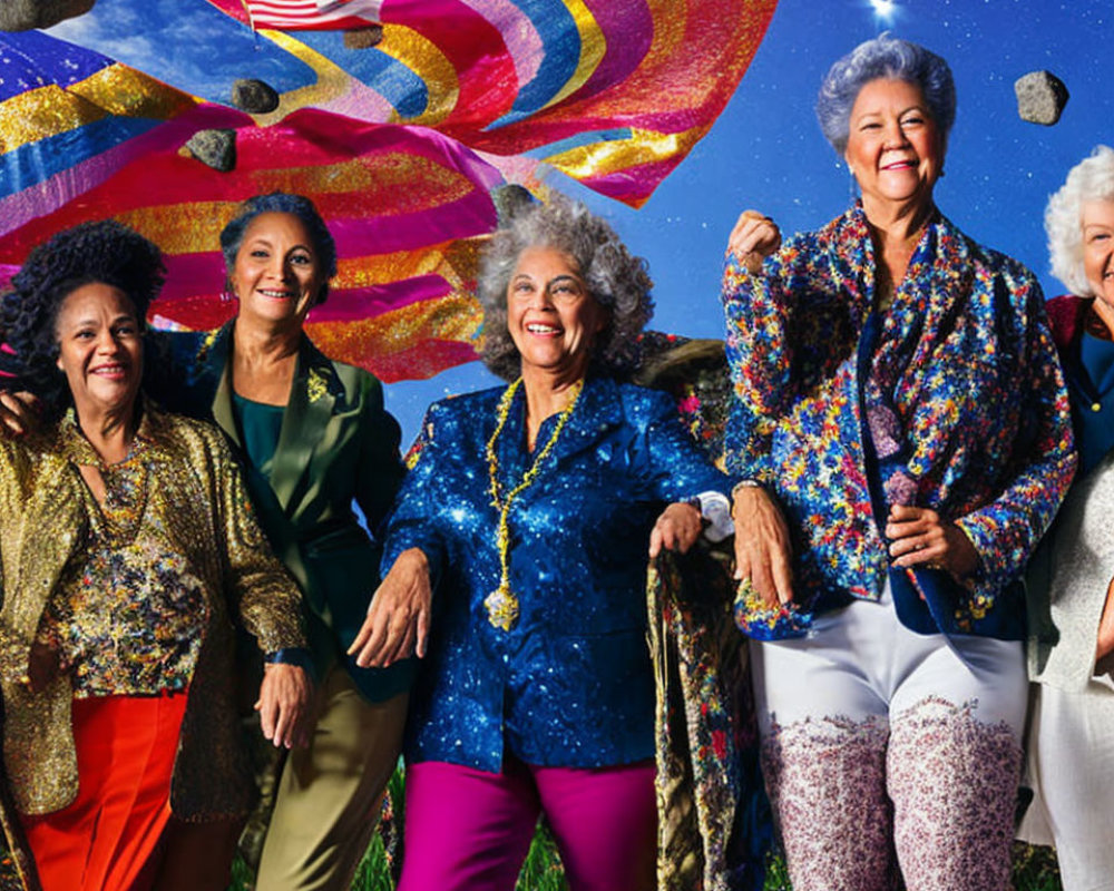 Five Senior Women Posed in Stylish Clothes with Psychedelic Background