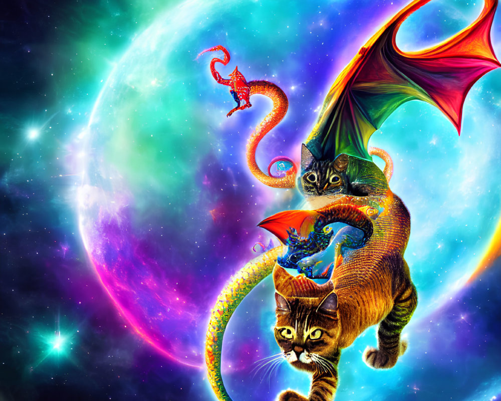 Whimsical flying cats with dragon wings in cosmic scene