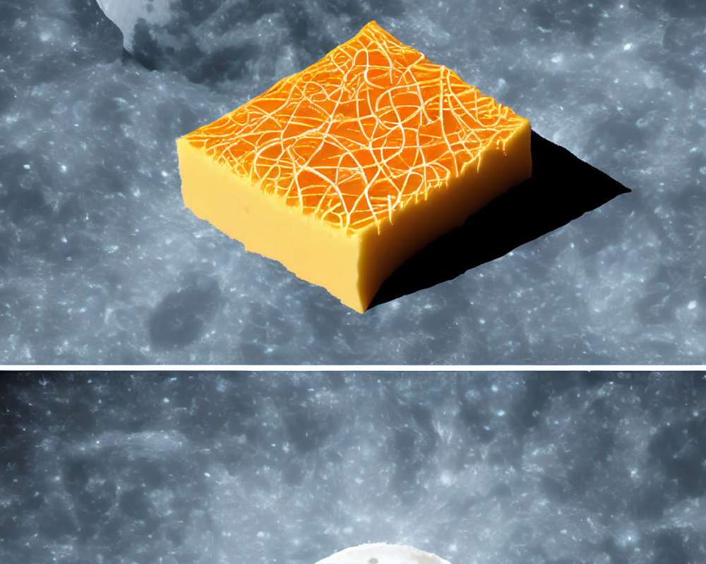 Surreal 3D slice of orange cheese on lunar landscape with Earth in background