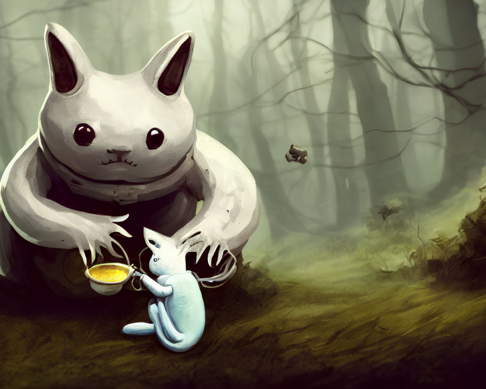 Fantastical white rabbit creature with bowl in misty forest