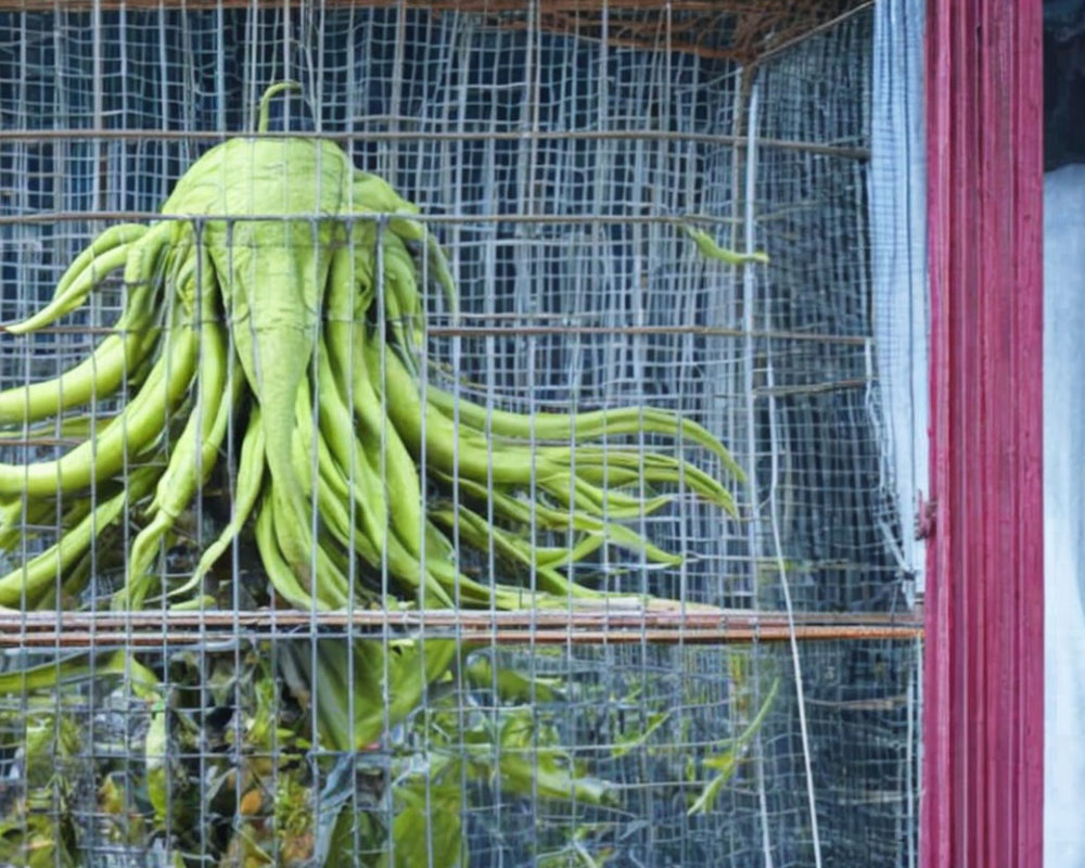 Green beans hanging from wire mesh like octopus tentacles