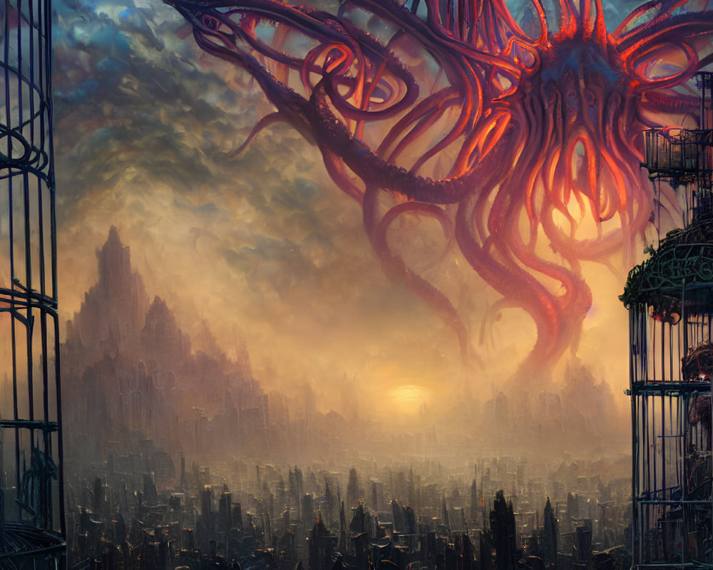 Surreal cityscape with giant octopus and dramatic sky