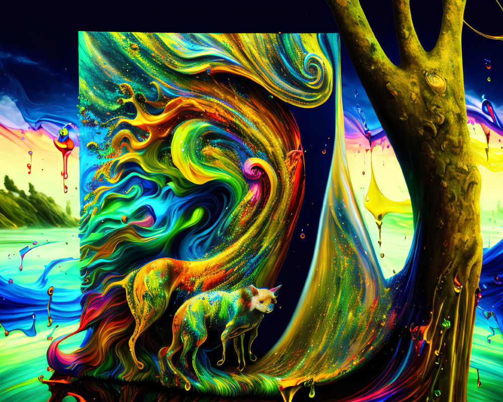 Colorful Abstract Art: Swirling Rainbow Pattern with Sheep and Tree