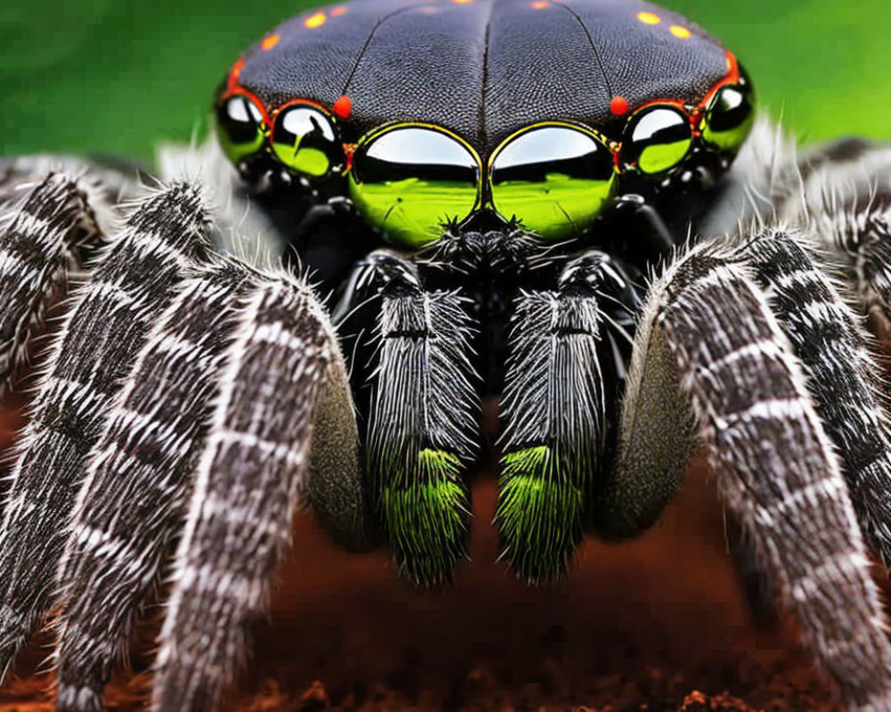 Macro photo of spider with ladybug head: oversized green eyes, red spots