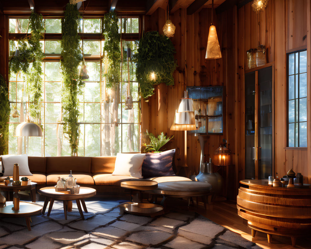 Warm Sunlit Wooden Cabin Living Room with Plush Sofas & Green Plants