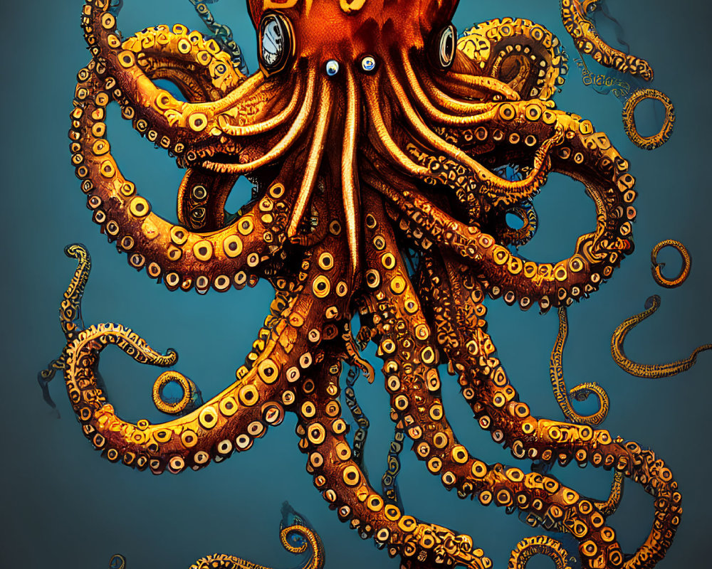 Detailed orange octopus illustration on blue background