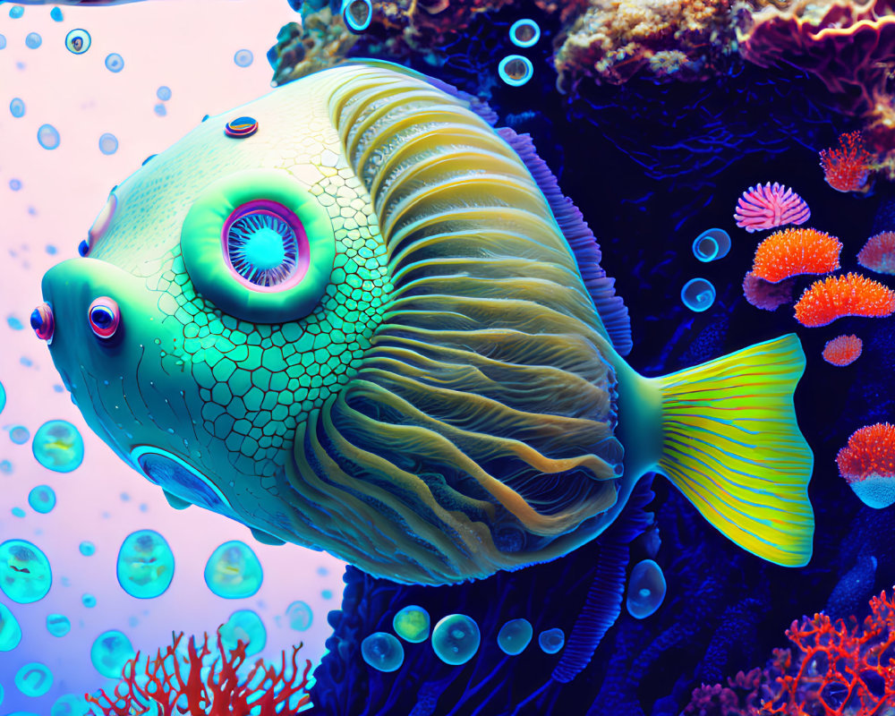 Colorful Digital Artwork: Large-Eyed Fish Among Coral and Bubbles