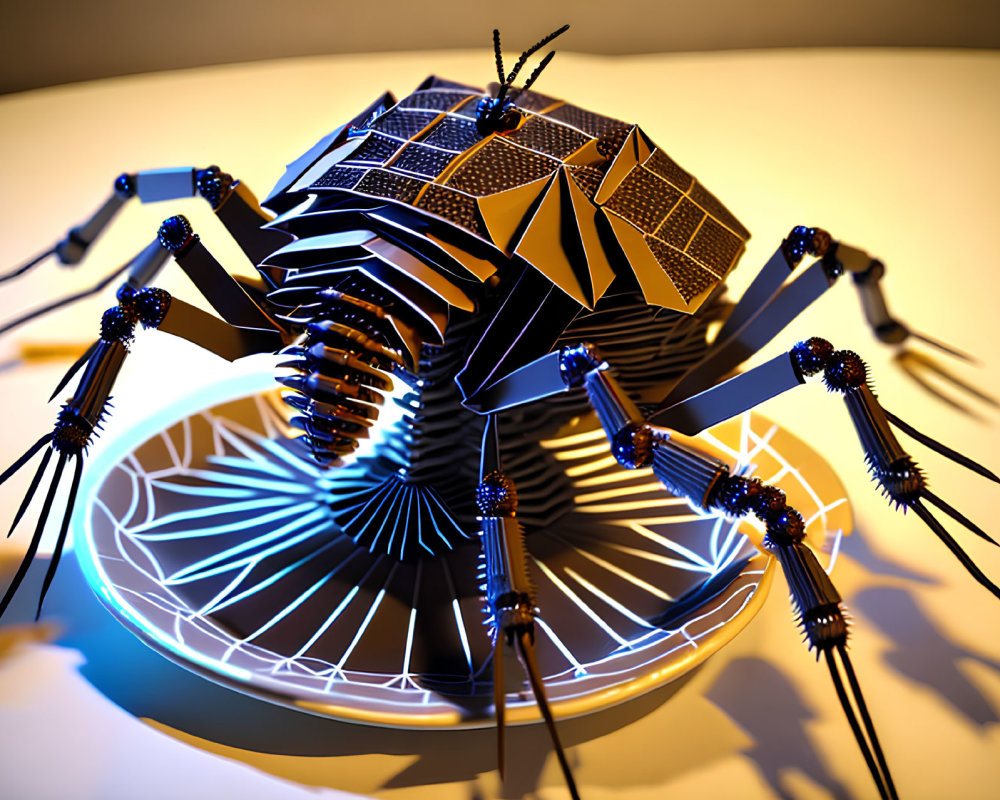 Futuristic spider-like robot with solar panels on circular platform