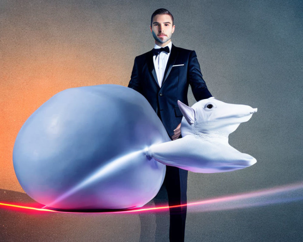 Man in tuxedo with whale-shaped balloon on gradient gray background