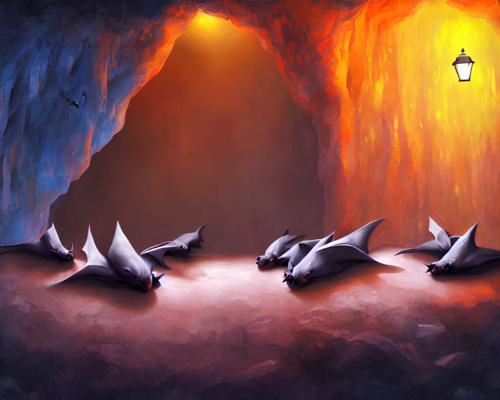 Mystical cavern with orange and blue glow, bats resting under lantern