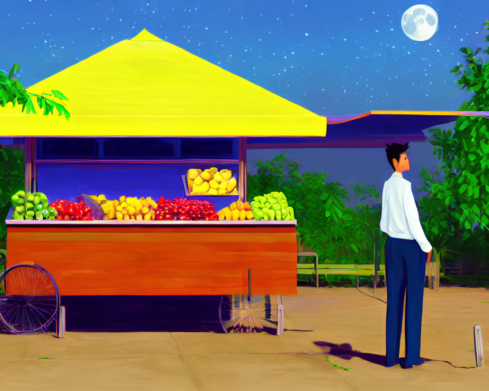 Man in white shirt at colorful fruit stand under starry sky with full moon