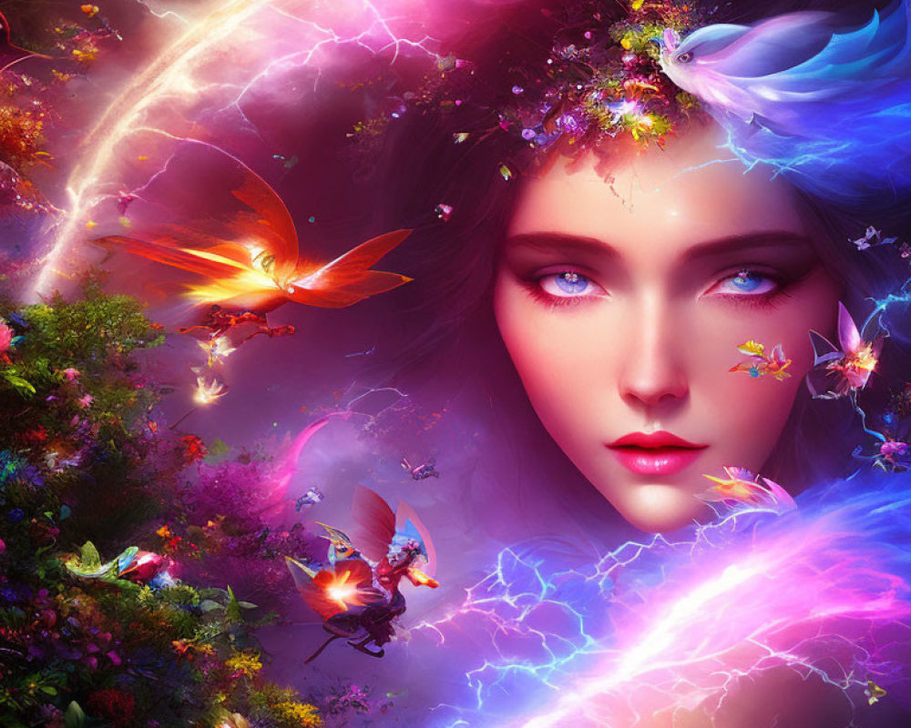 Fantasy portrait of woman with vibrant blue eyes and magical creatures